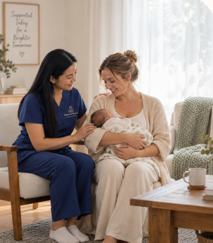 Maria providing warm postnatal support to a mother and newborn